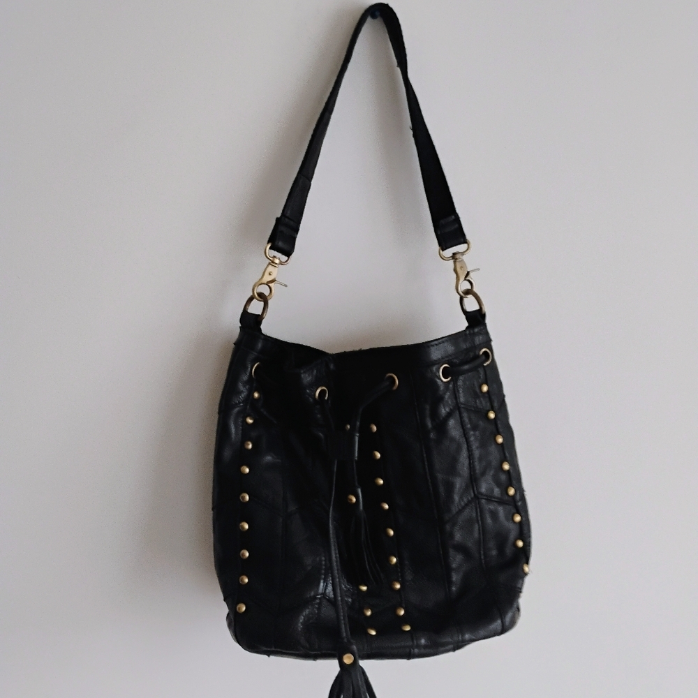 Amerileather Luxury Leather Tassel Studded Bucket Black Bag Moto Hippie Biker - Picture 2 of 12